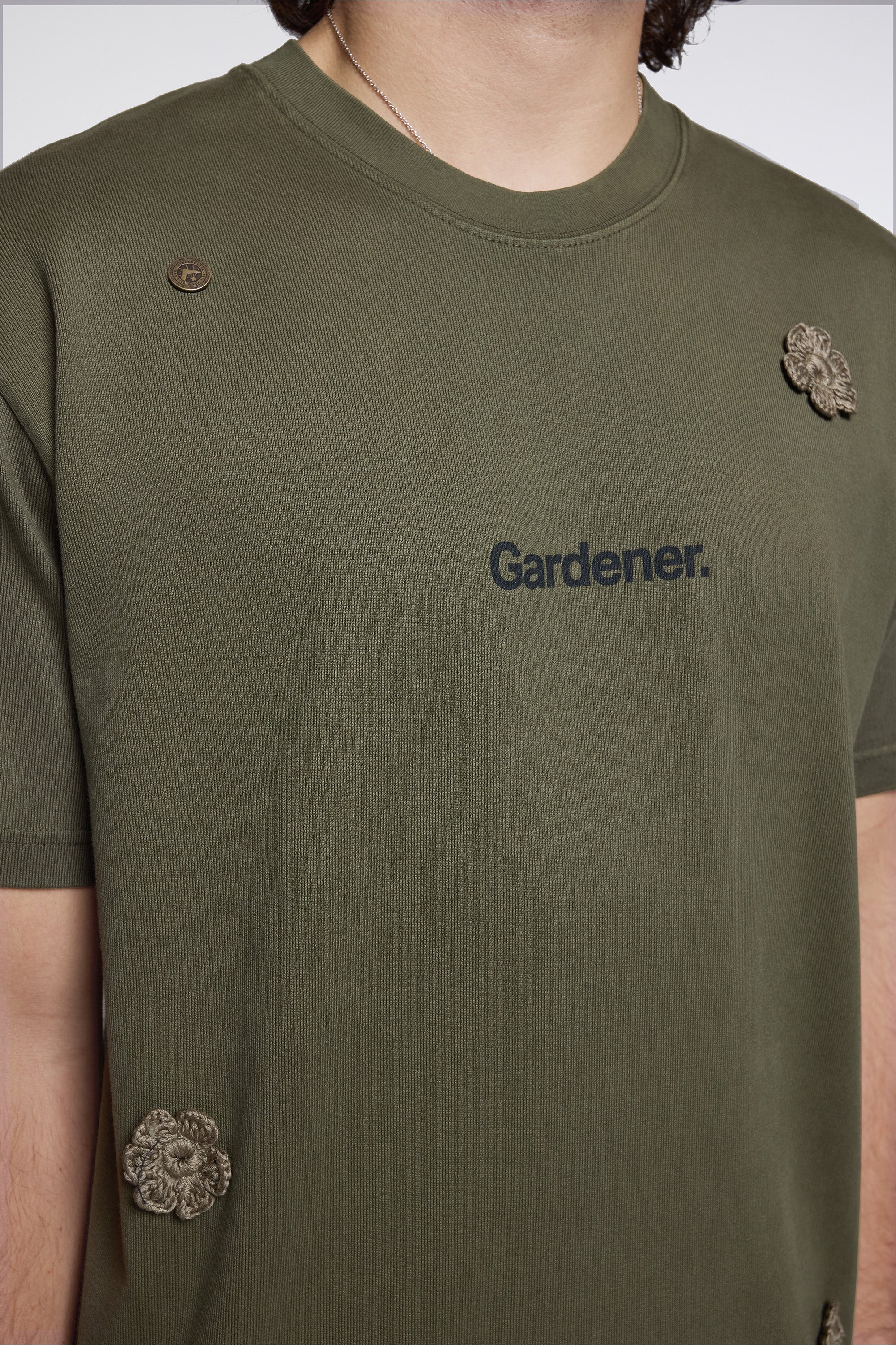 ''The Gardener'' Crochet Flower T-Shirt Overdyed Army Green - Image 3